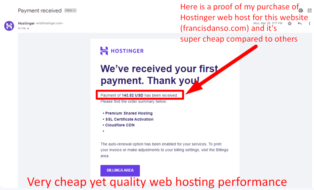 A proof of purchase of Histinger web package