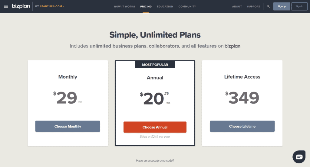 bizplan pricing plans screenshot