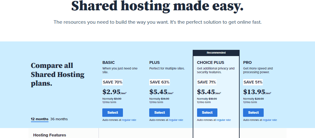 bluehost price package screenshot
