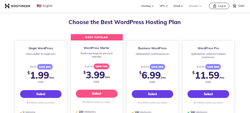 hostinger pricing plans screenshot