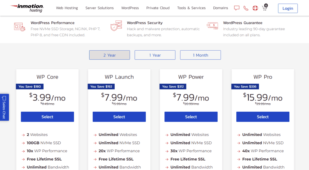 inmotion hosting pricing plans screenshot