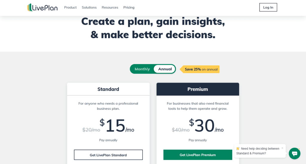 live plan prices screenshot
