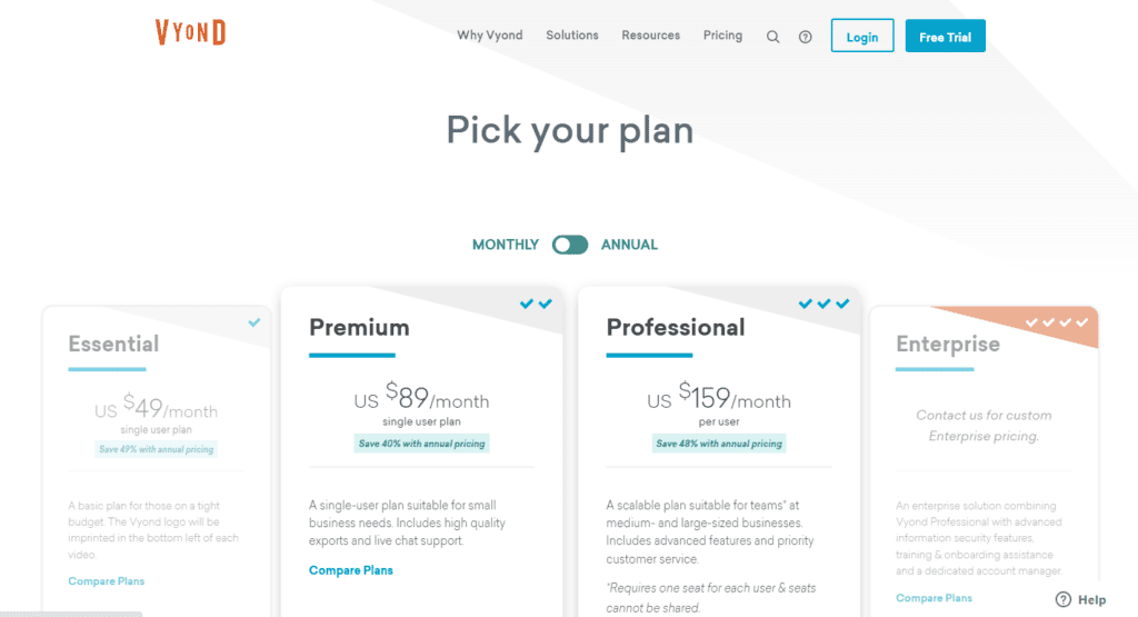 vyond home page pricing plans