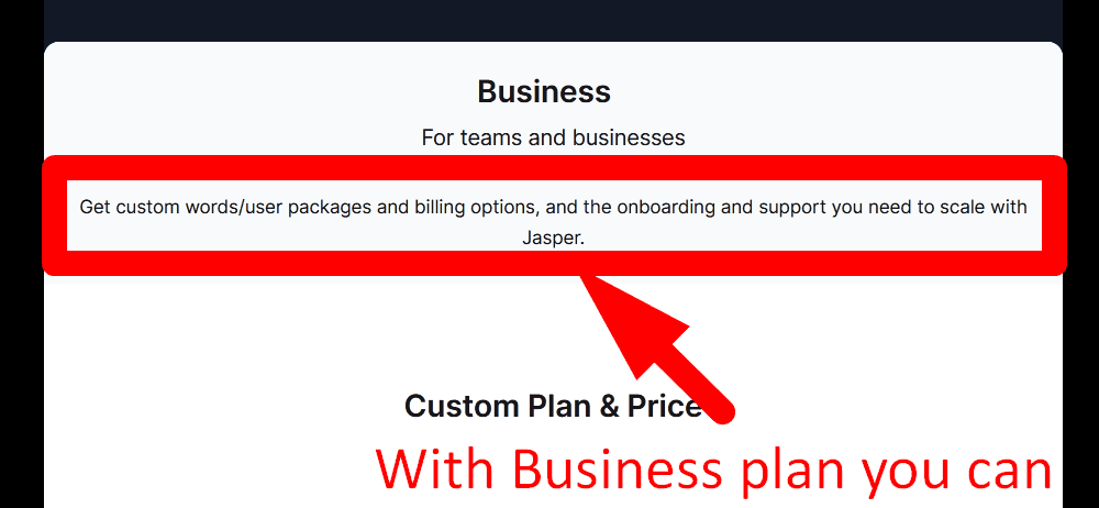 Jasper Business Pricing Plan screenshot