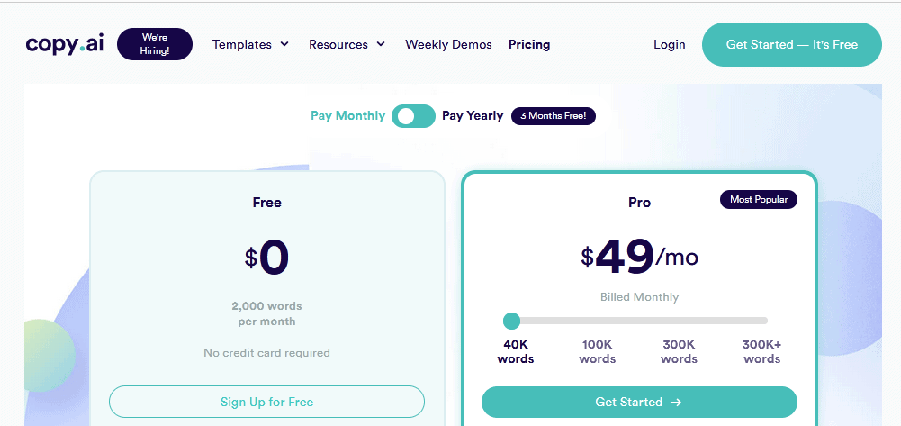 Pricing plans for Copy.ai screenshot