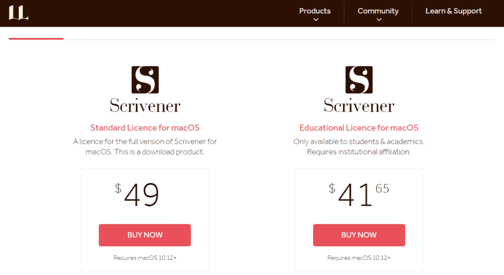 Scrivener pricing plans screenshot