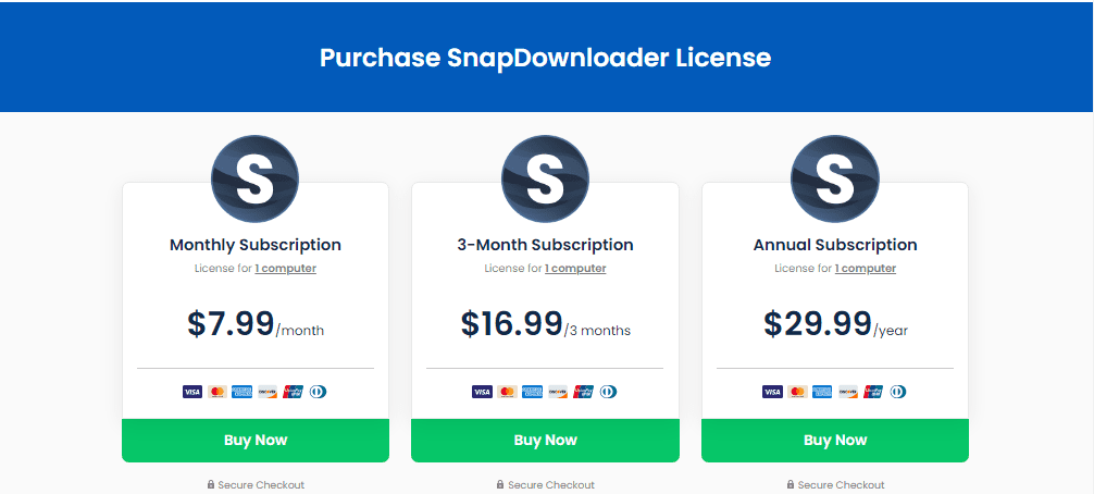 Snapdownloader pricing plans screenshot