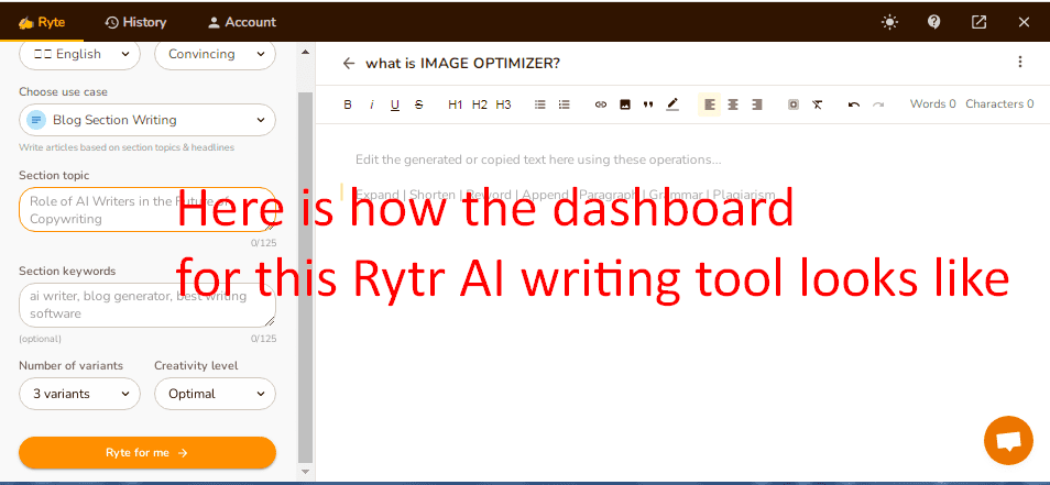 Rytr AI writing tool dashboard screenshot