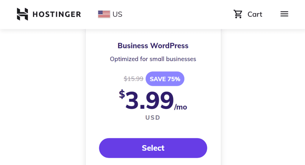 hostinger business wordpress plan screenshot