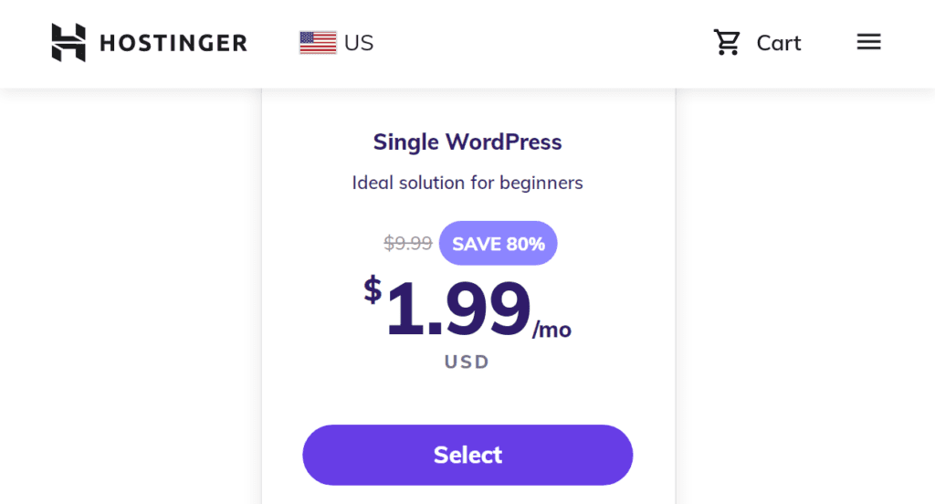 hostinger single wordpress plan screenshot